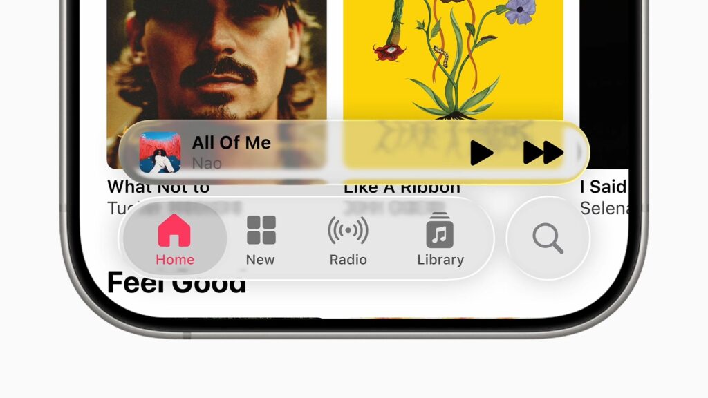 Apple WWDC25 Liquid Glass Apple Music dynamic tab bars 25060920Source20Apple xcWc2k